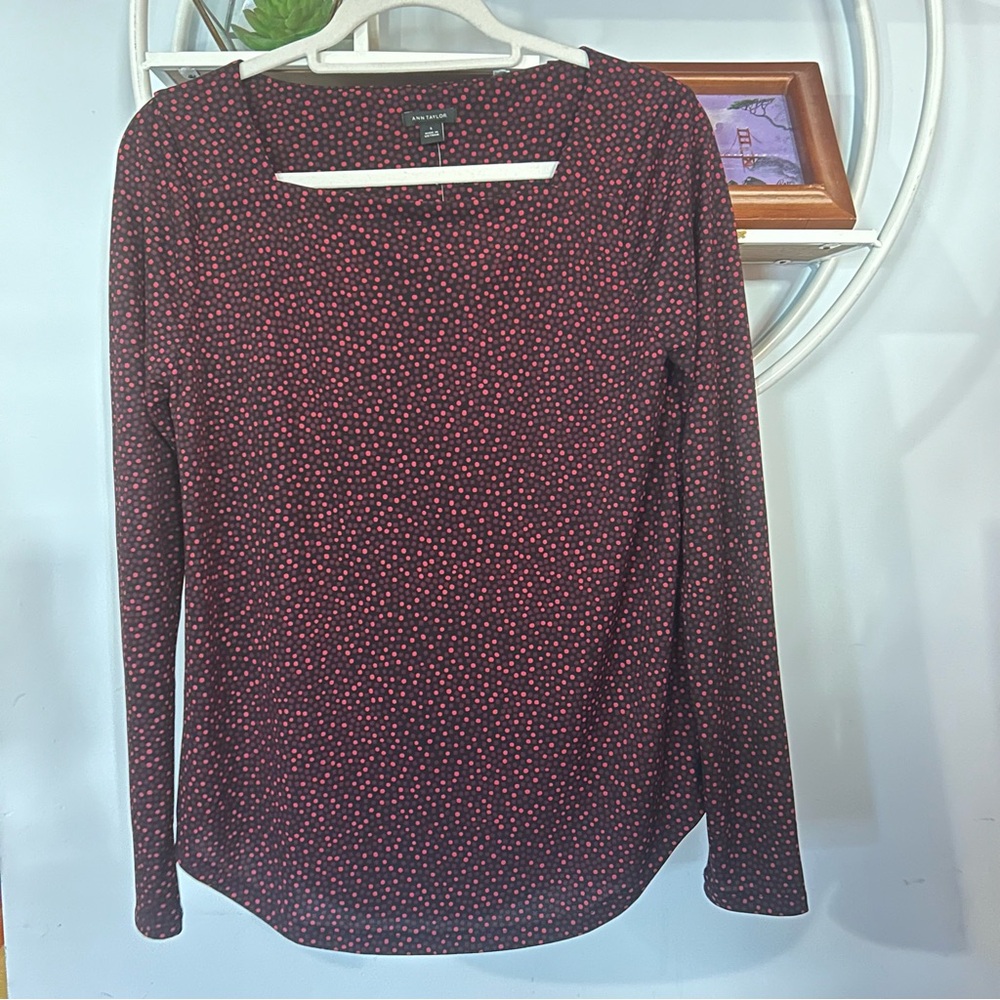 Ann Taylor Women’s Small S Square Red Black Polka Dot Long Sleeve Blouse NWT